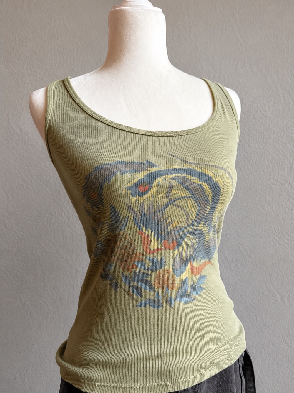 Y2K Dragon Graphic Ribbed Tank Top | Sage Green Fairy Grunge Baby Tank